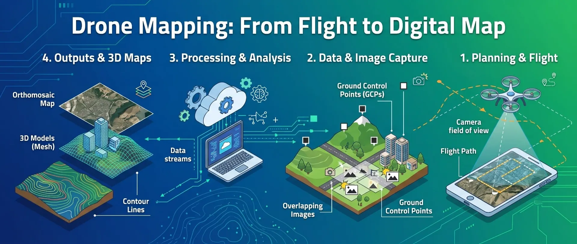 Drone mapping in four steps: planning and flight, data and image capture, processing and analysis, then outputs such as orthomosaic maps and 3D models